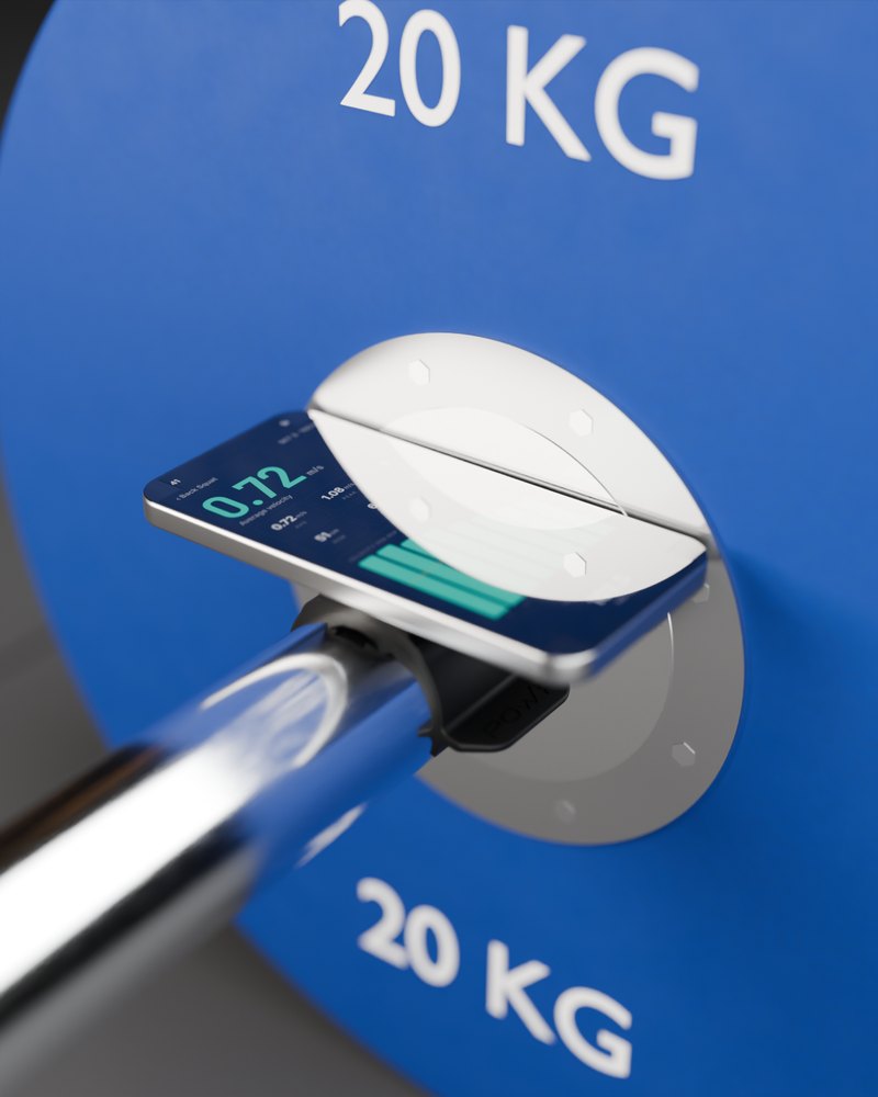 Phone lying flat on the clip, screen up, across the barbell sleeve