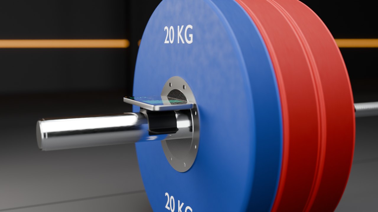Phone lying flat across the bar on the WizeLift Bar Clip, outside the plates of a loaded barbell